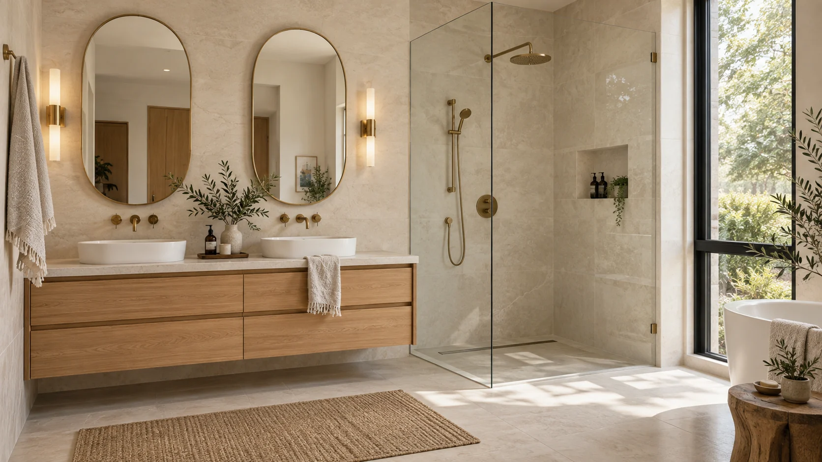 Design inspiration: a warm stone bathroom with an oak vanity and glass shower
