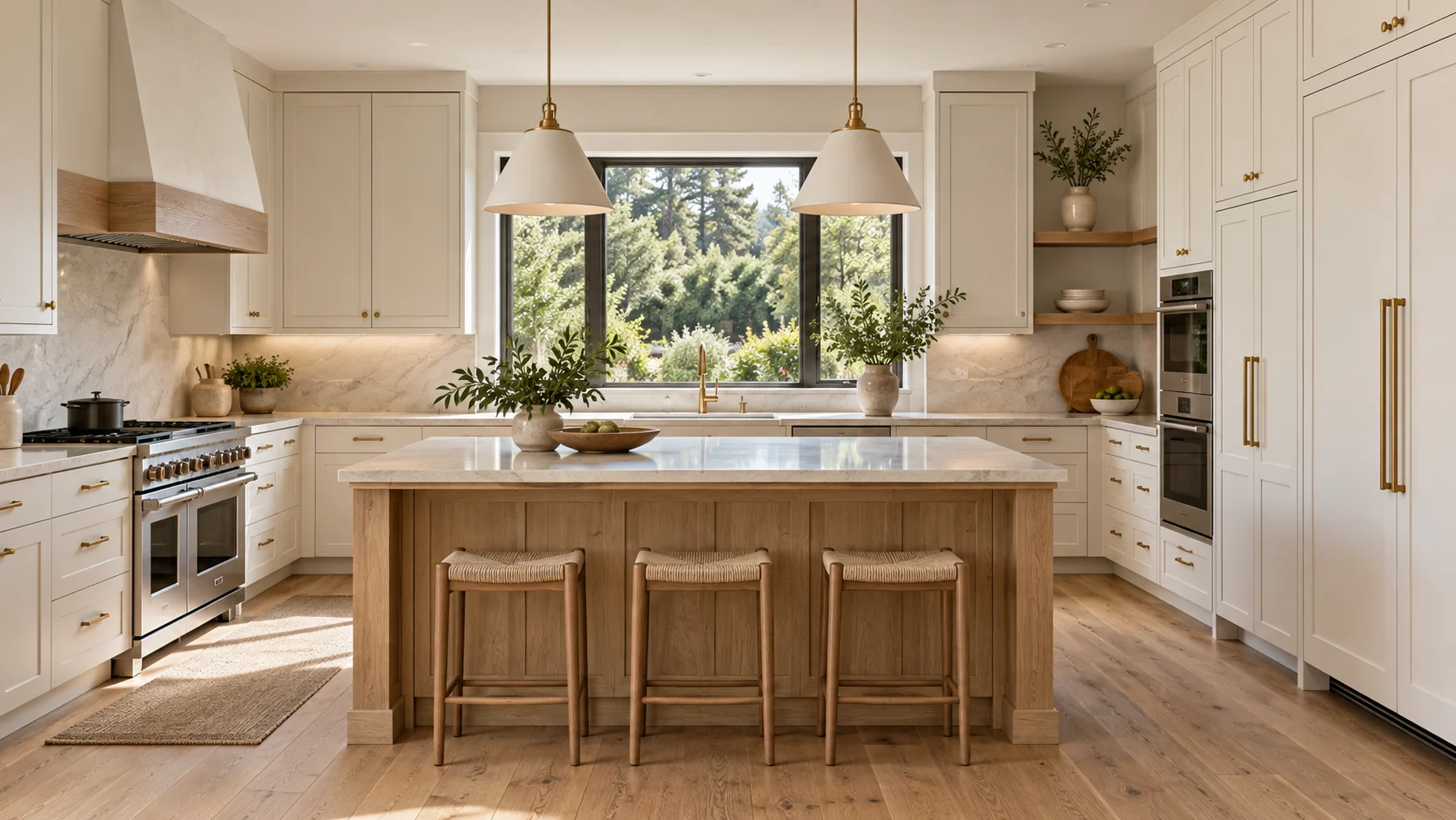 Design inspiration: an ivory kitchen with an oak island and a garden-facing window