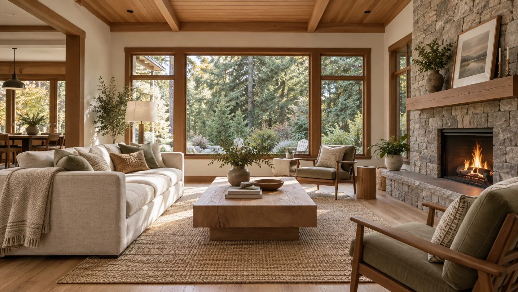 Design inspiration: a bright living room with an oak floor, stone fireplace and garden windows